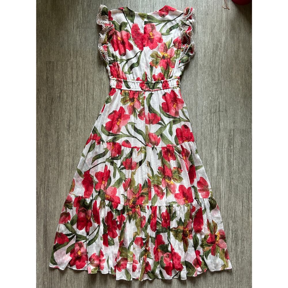 Anne Klein White Red Green Floral Short Sleeve Tier Long Maxi Dress Size Medium - Picture 7 of 11